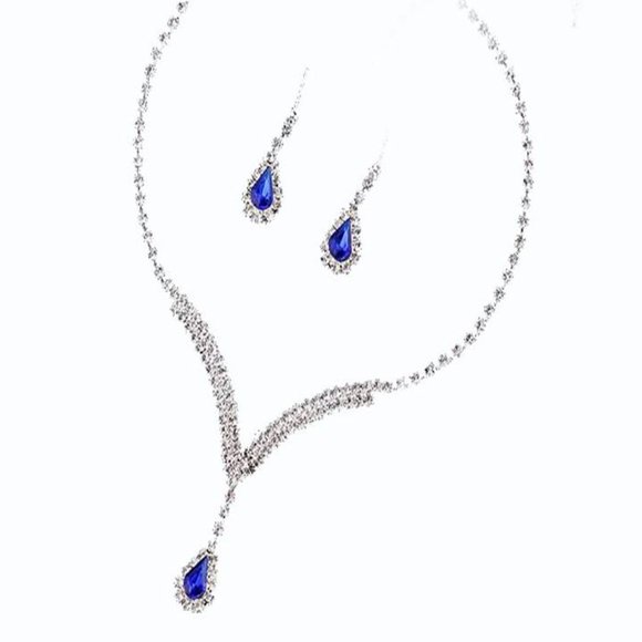 Royal Blue Teardrop Crystal Earrings And V Shape Pendant Bridal-Bridesmaid Set - Picture 8 of 9